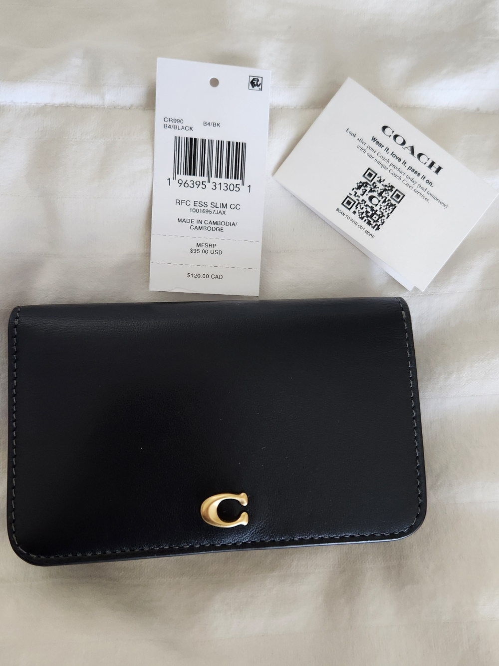 Coach Black Leather Slim Card Case with Gold 'C' Accent